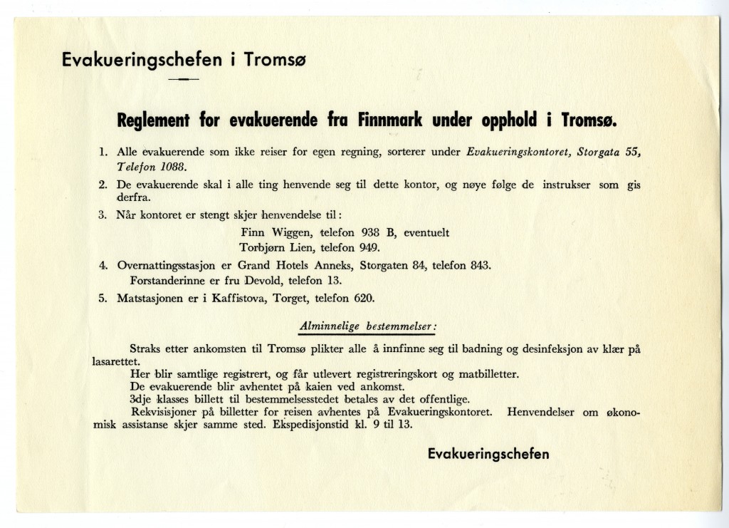 Reglement for evakuerende under opphold i Tromsø. Arkiv: Gjenreisningsmuseet